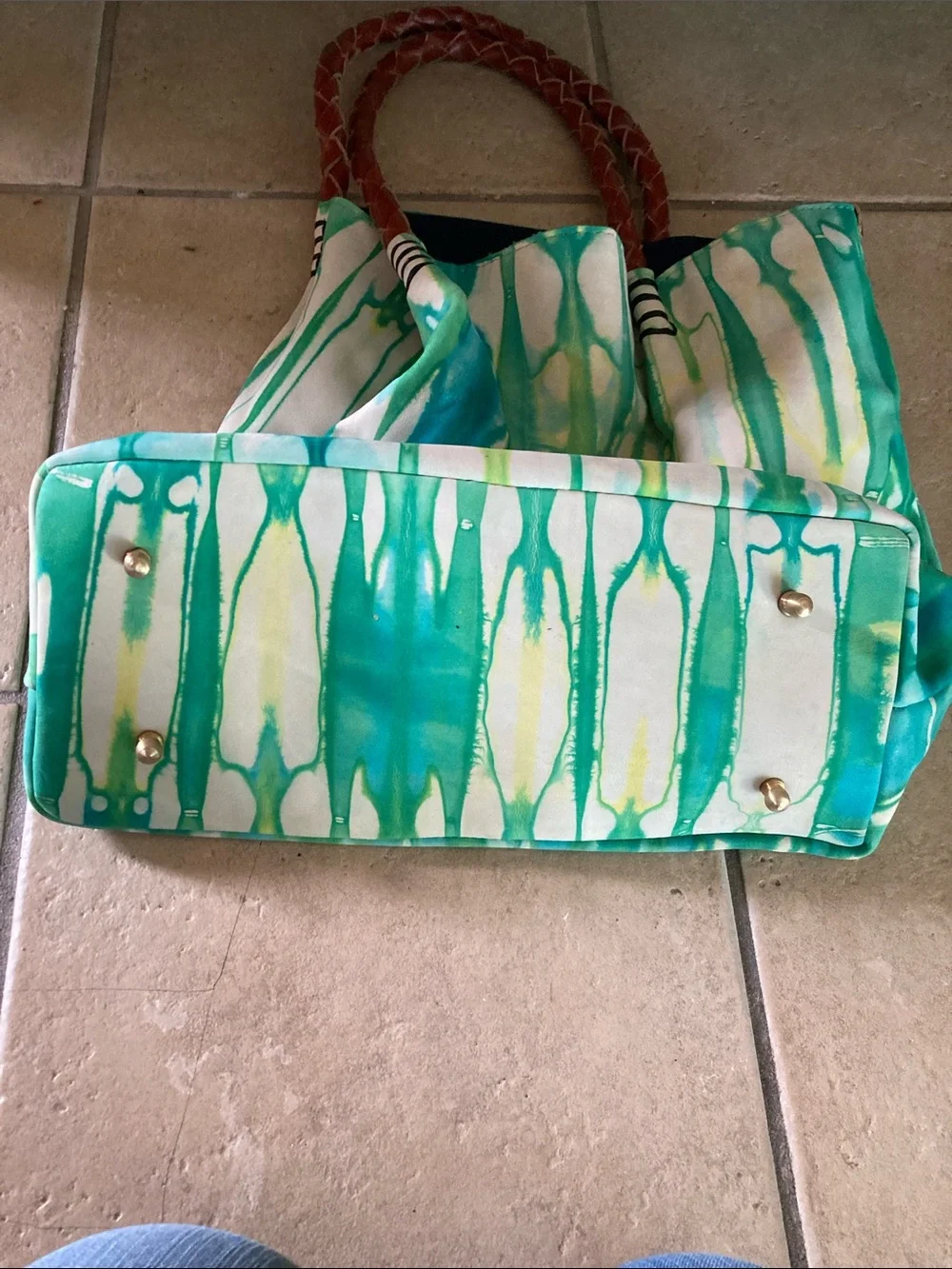 Green & Teal Watercolor Tote Bag with Braided Brown Handles